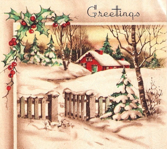 Vintage Christmas Card Pretty Winter Scene by PaperPrizes 