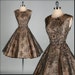 Vintage 1950s Dress . Black Sheer Chiffon . Full Skirt . Flocked Flowers . XS/S . 1487