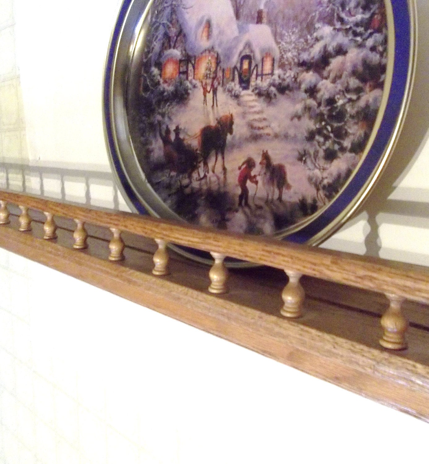 Vintage Wood Shelf Ledge Plate Rail Oak Finials Home Decor