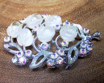 Vintage White Art Glass & AB Rhinestone Flower Brooch Signed Lisner