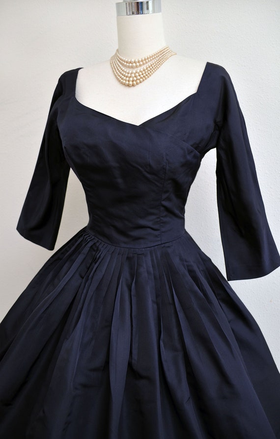 Vintage 50s Dress 1950s Dress Navy Blue Silk Full Skirt