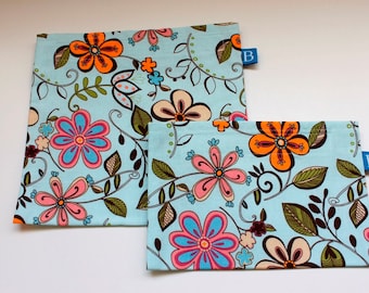 Reuseable Eco-Friendly Set of Snack and Sandwich Bags in Pale Blue Floral Fabric