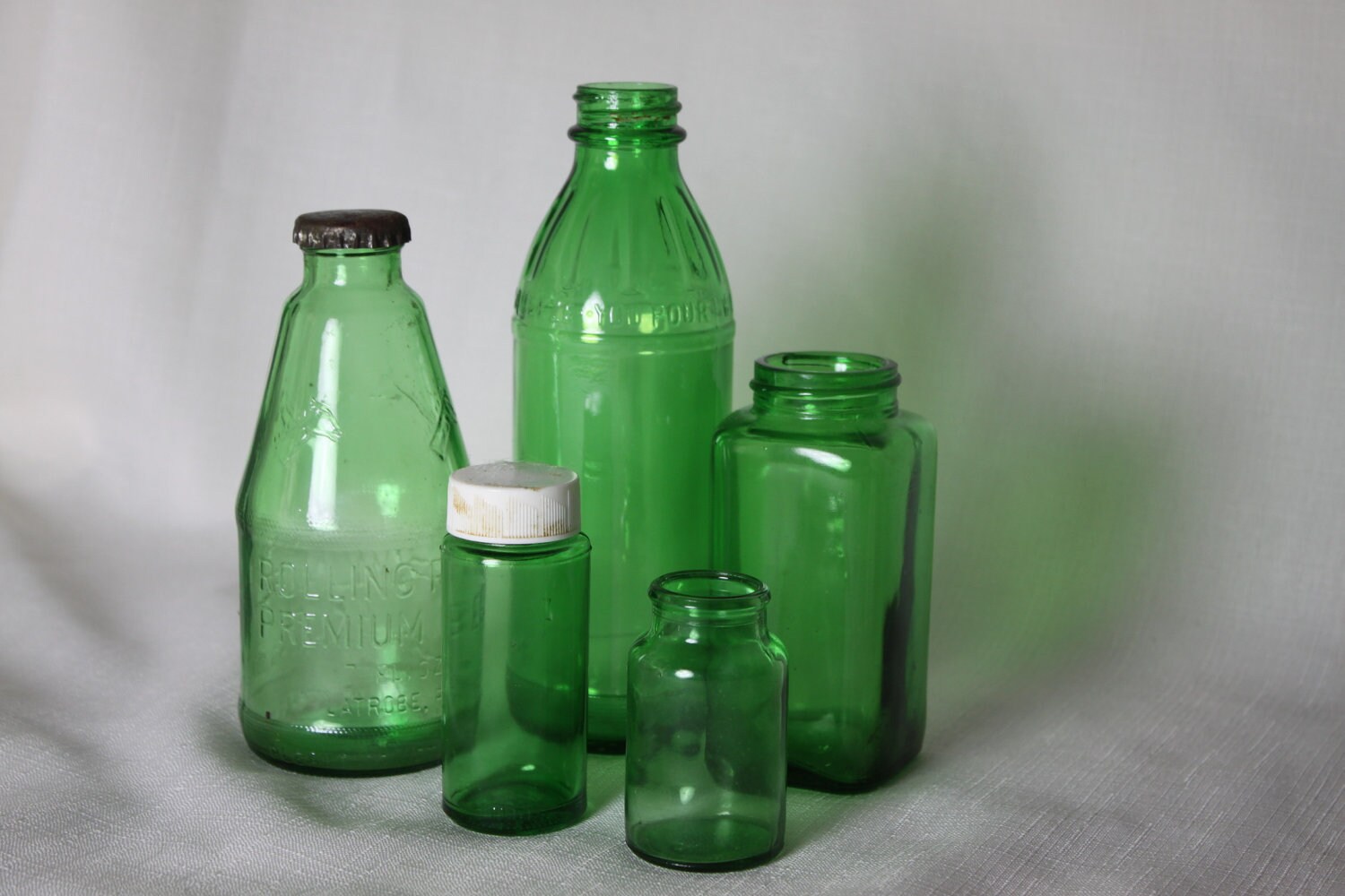 5 Vintage Green Glass Bottles Rolling Rock Beer Pill bottles