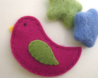 Felt hair clip -No slip -Wool felt -Bird -fuchsia