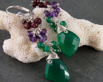 Green onyx earrings, handmade garnet & amethyst gemstone earrings-OOAK Confetti