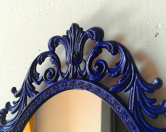 Ornate Mirror in Vintage 13 by 10 Inch Hand Painted Cobalt Blue Metal Frame, Blue Home Decor, Boys Nursery, Gallery Wall Decor