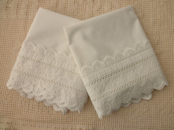 Shabby Chic white cotton PILLOWCASES with eyelet trim