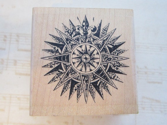 Rubber Stamp Ornate COMPASS Rose With Fleur De Lis Gently