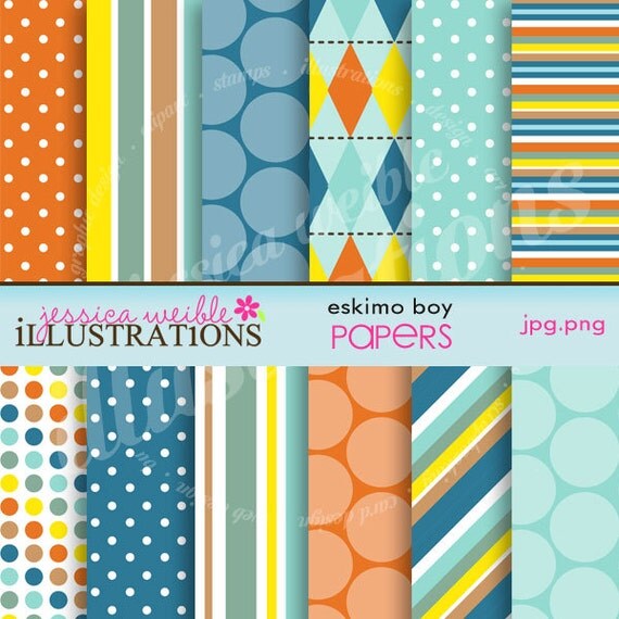 Eskimo Boy Cute Digital Papers - Commercial Use OK - Blue, Orange, Teal Digital Backgrounds Il_570xn