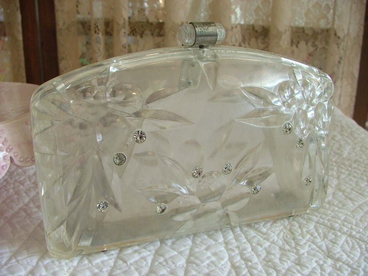 Vintage Clear Lucite Snap Clutch Purse with Rhinestones 1950s