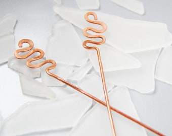 Copper hair sticks or brass hair sticks simple design squiggle set of 2