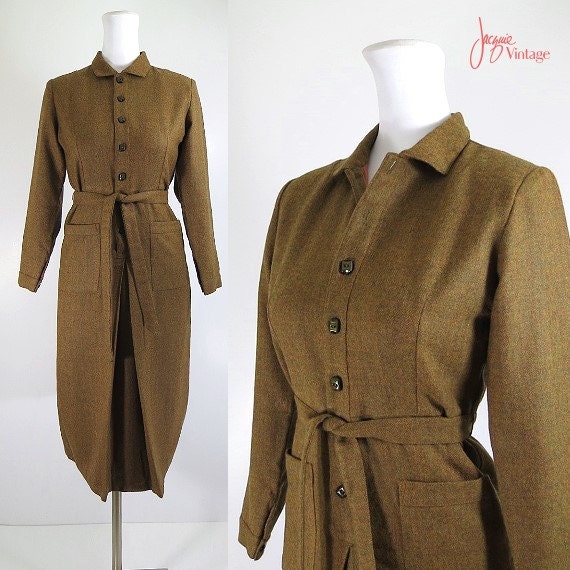 40s 50s wool dress / army green khaki tweed 1940s dress