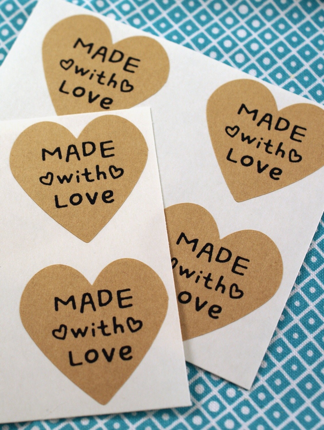 24 kraft brown MADE WITH LOVE large heart stickers 1 1/2