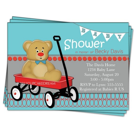 Teddy Bear Baby Shower Invitations Red Aqua Printable Party