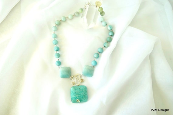 Amazonite gemstone necklace turquoise blue stone by pzmdesigns