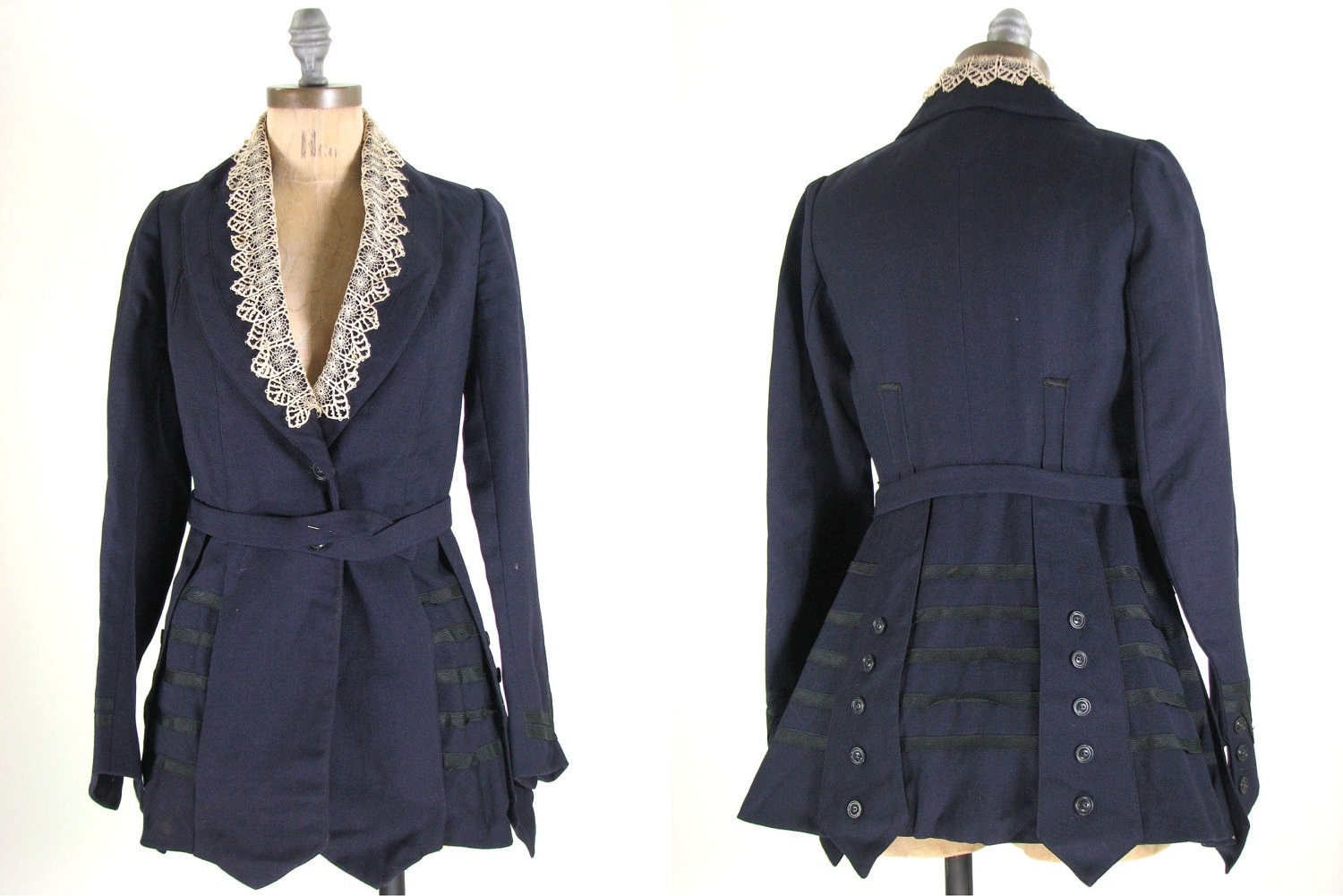 Antique Edwardian Victorian Gothic Riding Jacket Navy Blue XS