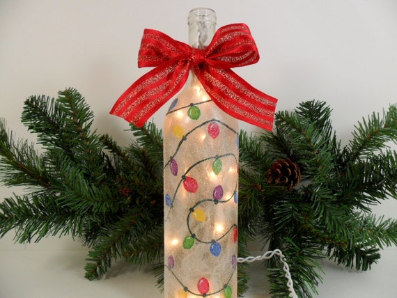 Lighted Wine Bottle Christmas Lights Hand Painted 750 ml