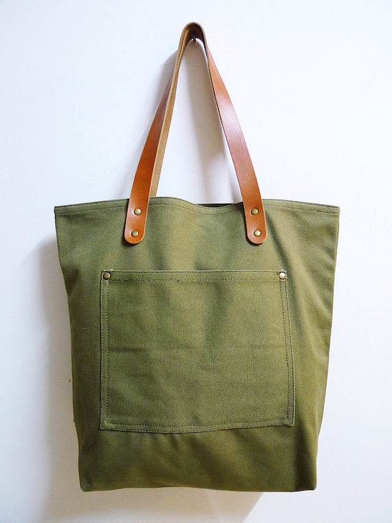 Leathinity Military Green Canvas Tote Bag w/ by Leathinity