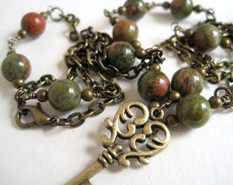Brass Key Necklace / Unakite Necklace / Rosary Style Stone & Chain / Natural Stone / Antique Brass Chain / Layering Necklace