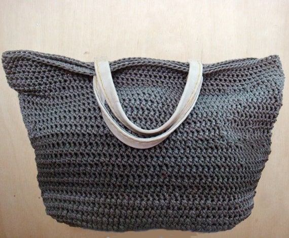 Large Crochet Tote Bag in Ombre Grey with Natural Leather