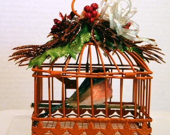 Wire Birdcage With Artificial Bird Christmas Ornament / Decoration