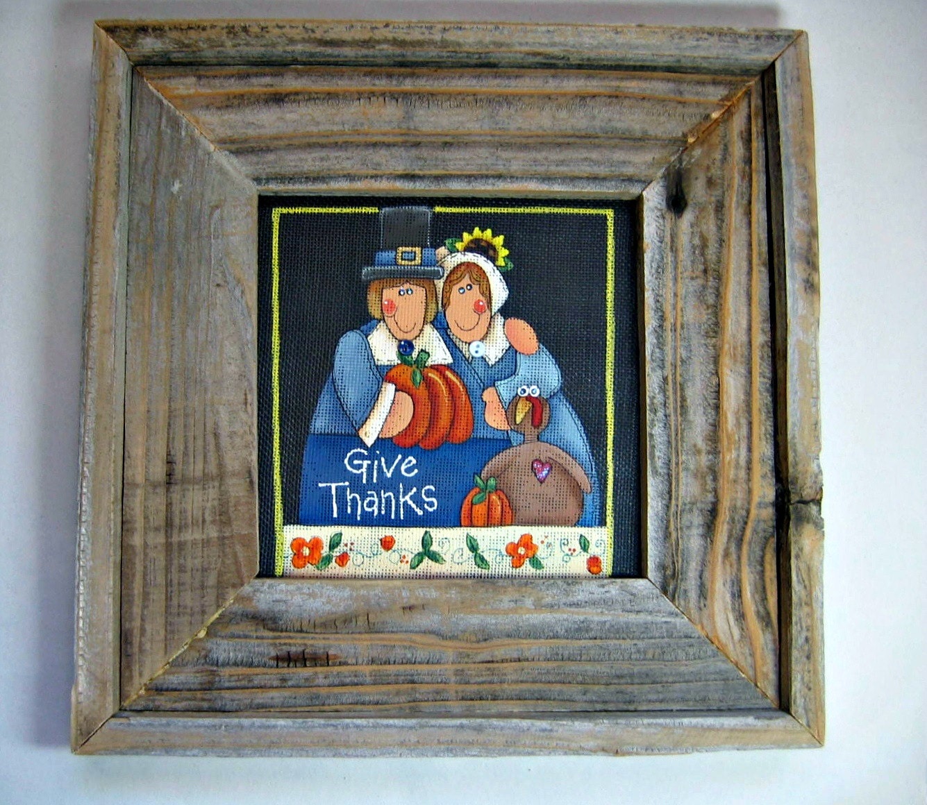 Thanksgiving Folk Art Pilgrims Framed in Rustic Barn Wood