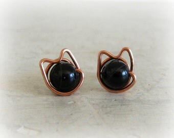 Black Cat Stud Earrings, Copper Wire Wrapped Posts, Halloween Earrings, Black Onyx Studs, Kitty Cat, Black Cat Earrings,Copper Stud Earrings