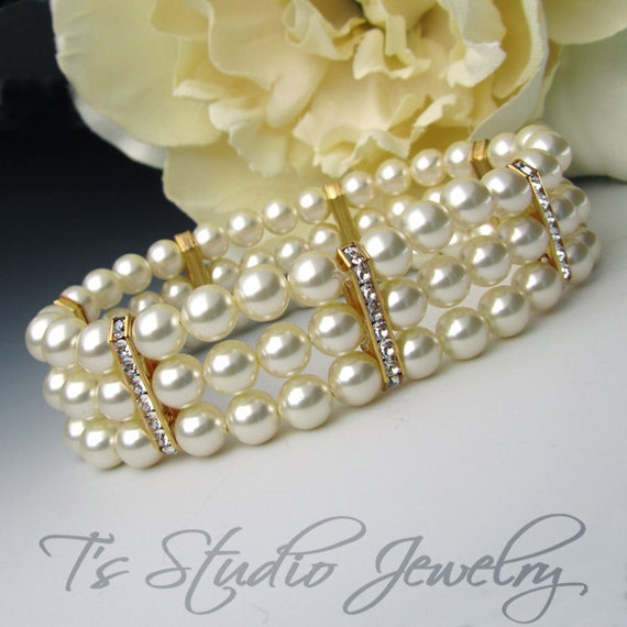 Three Strand Ivory Pearl Bracelet with Gold Rhinestone Spacers