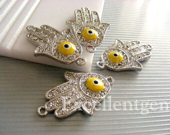 Evil eye connectors, Sale-5pcs High quality silver tone rhinestone Hands of Fatima Hamsa Bracelet Connector