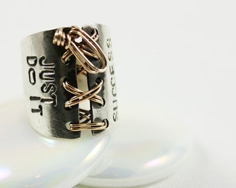 Personalized Corset Lace Up Ring Sterling Silver, Gold Filled Wire