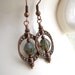 Green Steampunk Earrings with spinning Saturn bead frames of copper - Green earrings of Czech glass beads with a Picasso finish