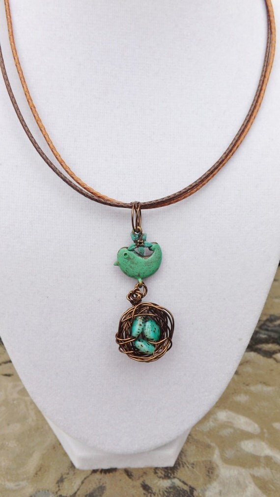Mixed Media Necklace Wire Wrapped Birdnest Pendant Patina