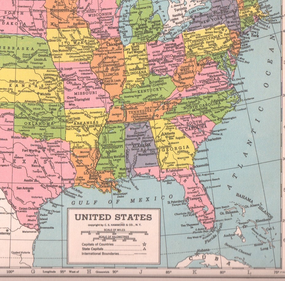 colorful US map USA map United States Vintage by theStoryOfVintage