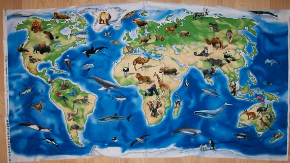 A Wonderful World Atlas With Animals World Map Fabric Panel