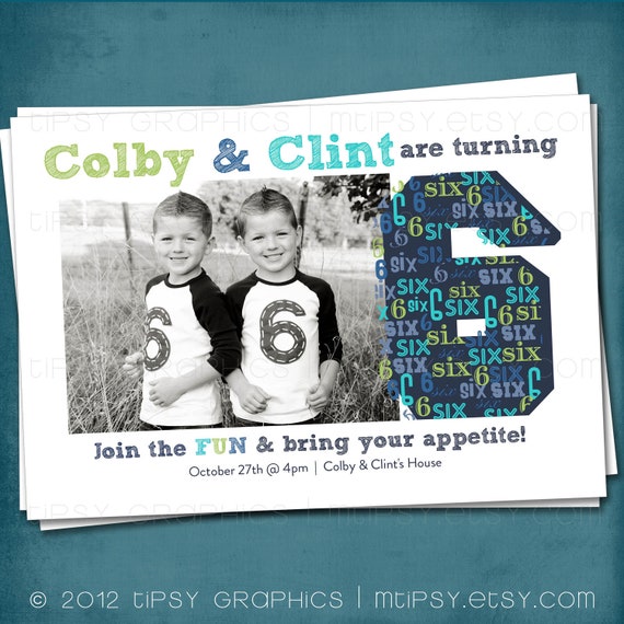BIG 6 little six. Modern & Graphic Birthday Party Invite by Tipsy Graphics. Girls Boys Twins. Any age, any colors Il_570xn