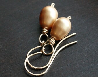 Gold Swarovski crystal pearl earrings, teardrop pearls, 14k gold filled, simple, dangle, drop earrings, pearl earrings, Mimi Michele Jewelry