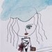 Cloud Girl with Rust Flower and Striped Clutch- Original ACEO Watercolor and Ink on Archival Paper -Rust- Black and White