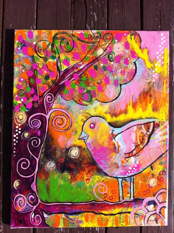 Items similar to Whimsical Bird on a Branch Original Acrylic Painting ...