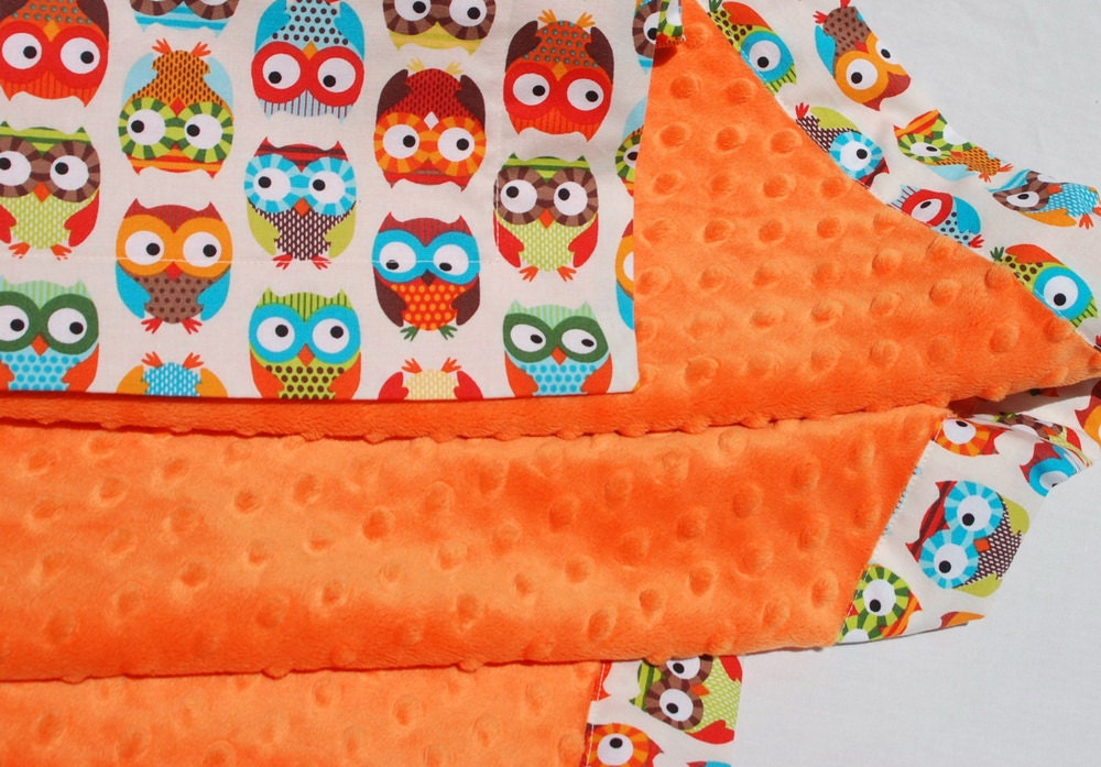 Owl Baby Blanket Bright Owls in Cream with Orange Minky for