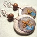 Orange flower dangle earrings painted embroidered polymer clay copper