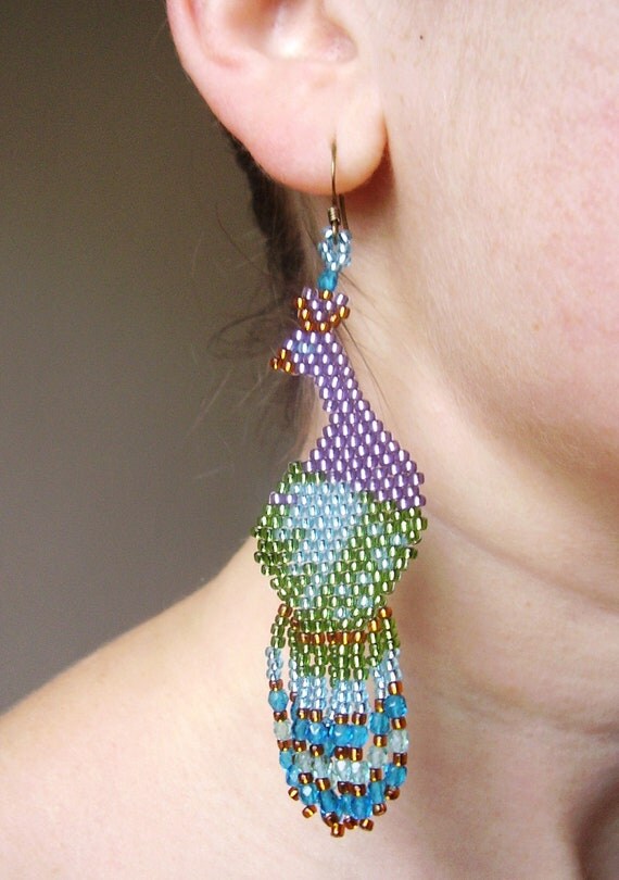 Beadwoven colorful peacock earrings beaded bird earrings