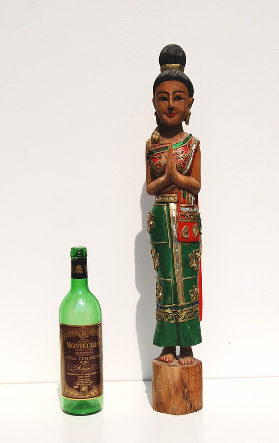 Wood Carving Statue Thai Woman Lady Figure Asian Wai Greeting