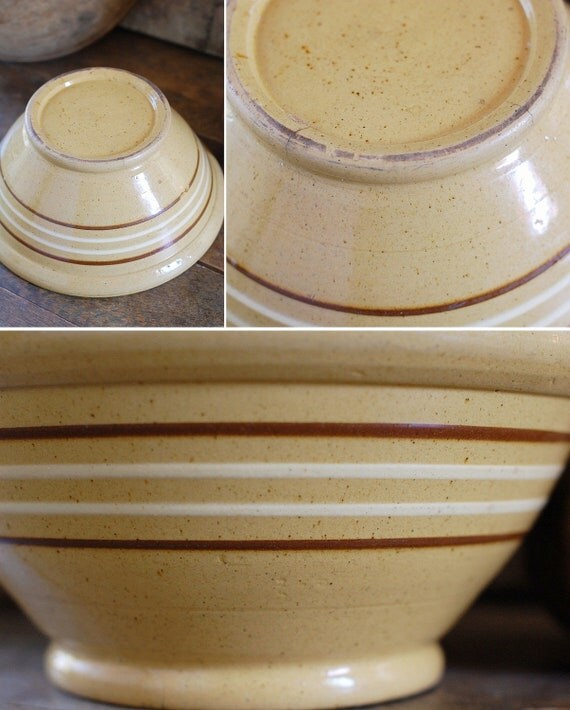 Antique Yellow Ware Bowl with White and Mocha Brown Stripes