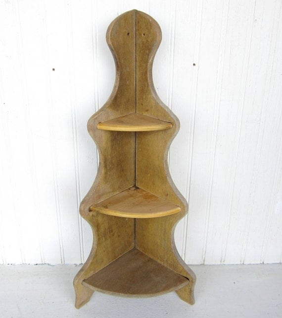 Vintage Primitive Wooden Corner Shelf 3 Tiered