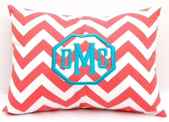 MEMORIAL DAY SALE Monogrammed Coral Chevron Pillow Cover Monogram With Insert Embroidered Monogram 12 x 16 Personalized Gift Housewarming B