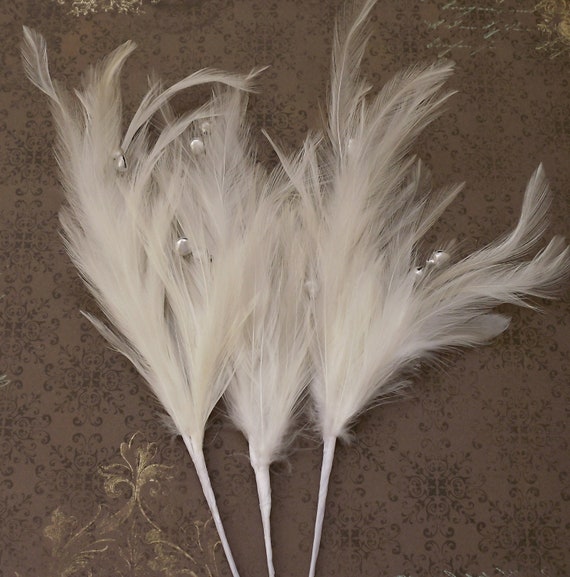 THREE Cream White Feather Picks with Tiny Silver by BlissfulSilks