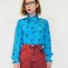 Oscar de la Renta Silk Blouse Leaf Dot Print Turquoise S/M