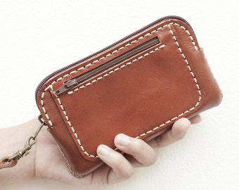 Sale, Hand Sewn Leather Wristlet Pouch in Brown