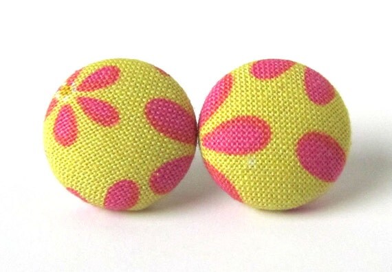 Stud earrings button yellow pink red flowers autumn by KooKooCraft