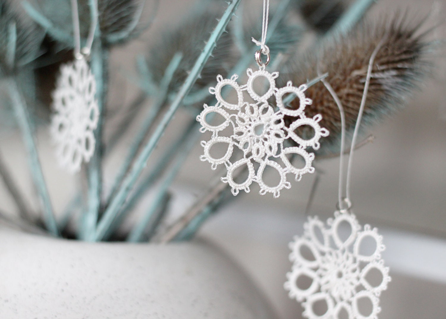 a white Christmas - handmade tatted snowflakes - set of 6 - Christmas gifts, wedding favors, pendants, tree ornaments